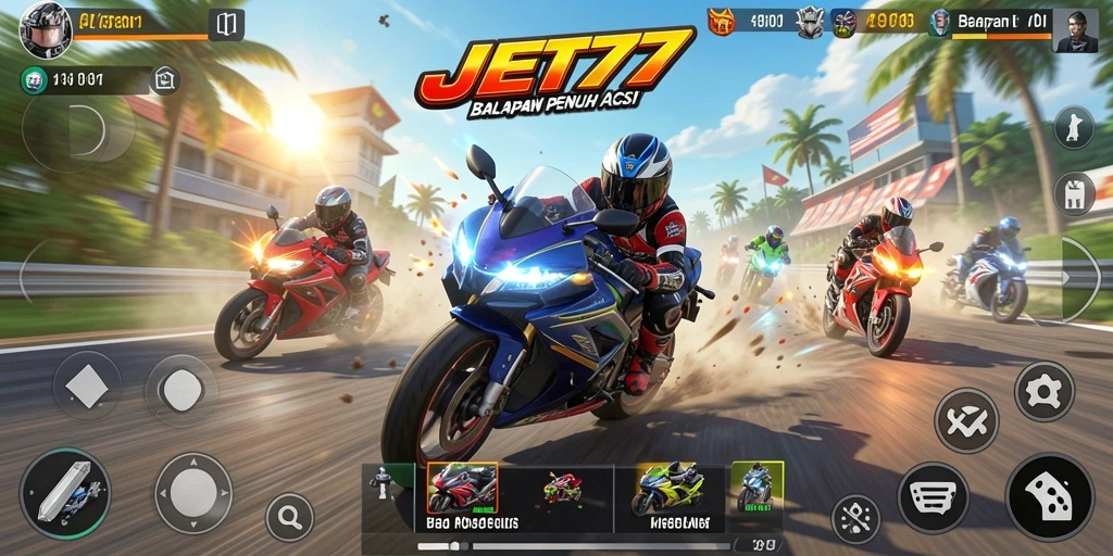 Gameplay balapan motor JET77 yang menarik dan penuh adrenalin.