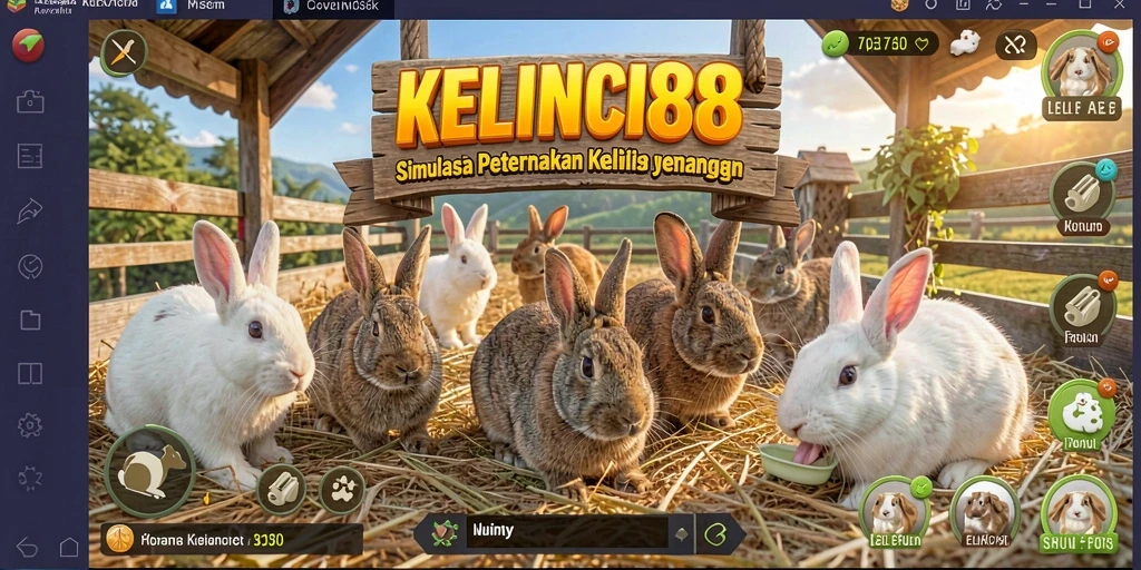 Tangkapan layar gameplay KELINCI88 yang menampilkan peternakan kelinci yang cerah dan interaktif.