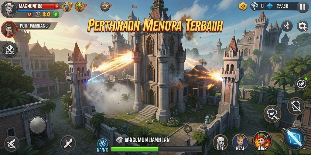 Screenshot gameplay menunjukkan menara melawan gelombang musuh yang menyerang.