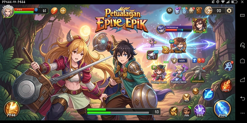 Screenshot utama PP444 menunjukkan karakter anime dalam aksi seru.