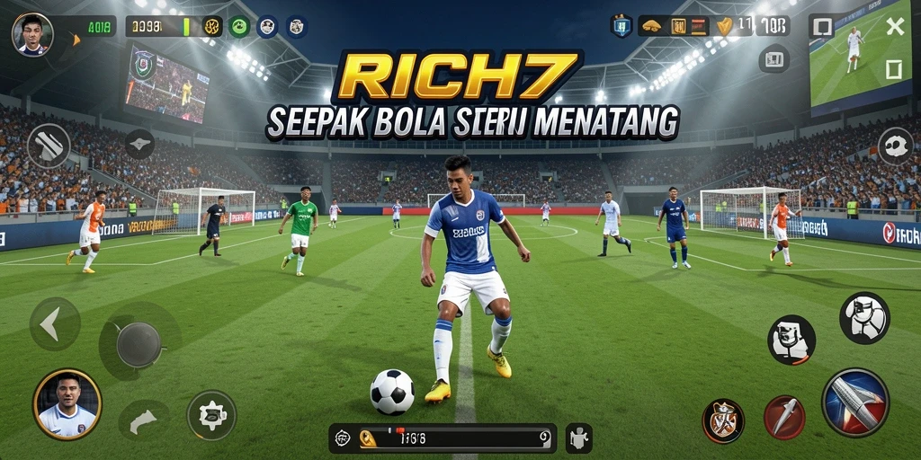 Tangkapan layar permainan RICH7 dengan aksi sepak bola yang dinamis.