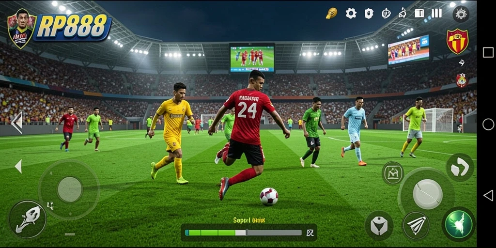 Screenshot menunjukkan aksi seru dari gameplay sepak bola yang mendebarkan.
