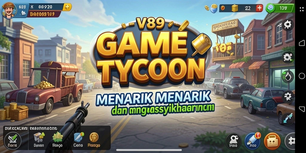 Tampilan gameplay V89 dengan berbagai elemen manajemen bisnis yang menarik.